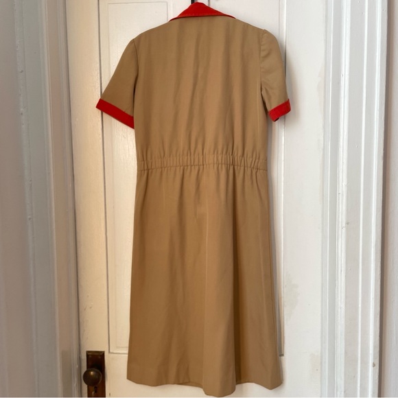 Vintage Tan Wool Shirt Dress with Orange Red Collar, Trim, Belted - Picture 3 of 16